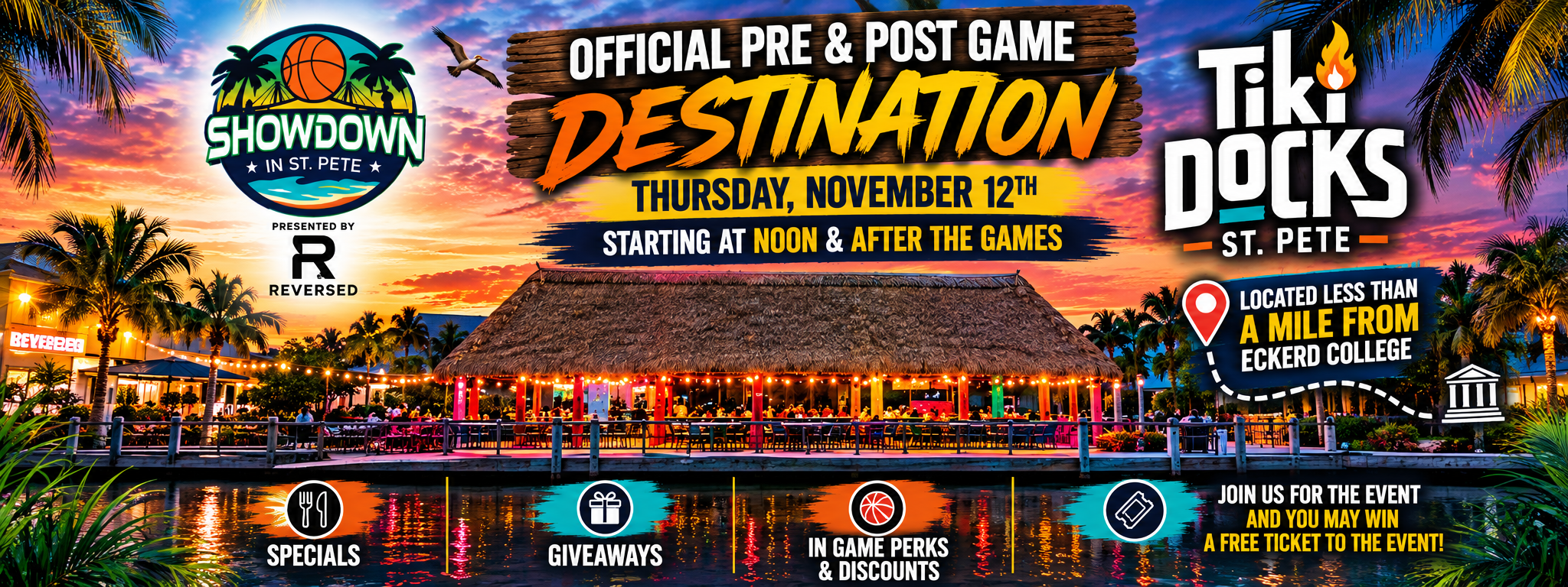 Official Pre & Post Game Destination at Tiki Docks St. Pete — Thursday November 12, starting at noon and after the games